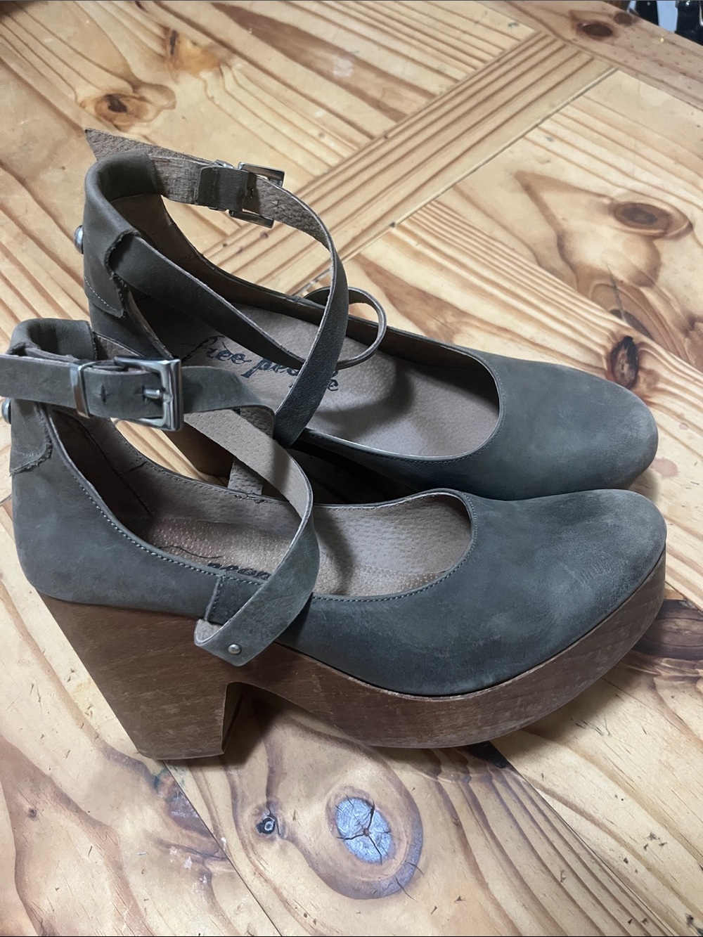 Free People Olive Taupe Ankle-Strap Mary Jane Heels - Picture 3 of 11